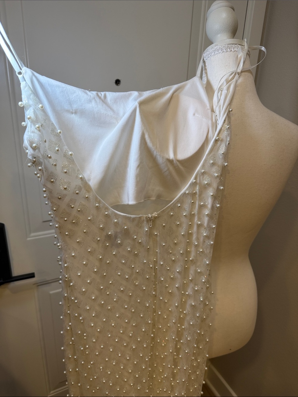 B Darlin White Pearl-Embellished Strapless-Look Spaghetti Strap Gown - Picture 7 of 9
